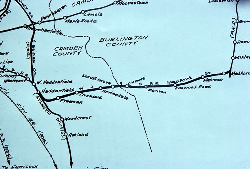 Diagram of Stations - There were three in Evesham township - Cropweel Road, Marlton at Cooper Avenue, and Elmwood Road in addition to a siding at the Marlpits
